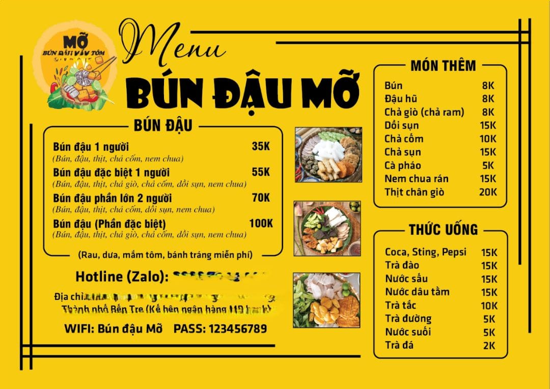 menu bún đậu màu vàng