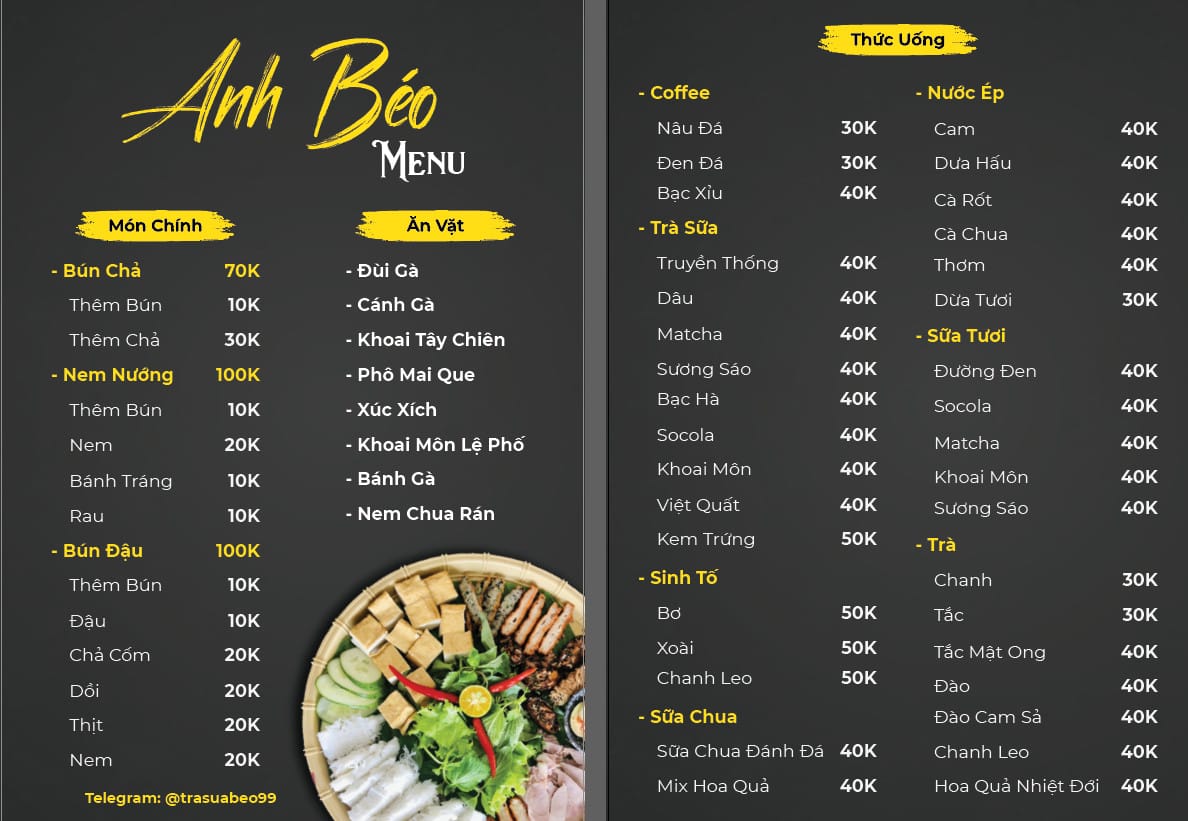Menu quán bún đậu